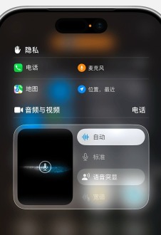iPhone控制中心通话控制面板,显示音频与视频里的麦克风模式选项