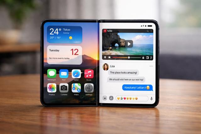 折叠屏 iPhone 展开后放在桌面的内屏画面