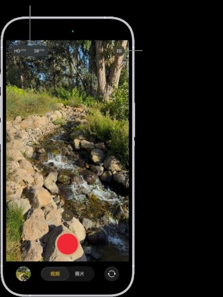 iPhone 相机界面显示视频模式和录制按钮
