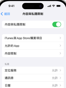 屏幕使用时间内容与隐私限制页面显示 iTunes 与 App Store 购买项目入口