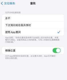 单个 App 定位页面显示使用 App 期间和精确位置开关