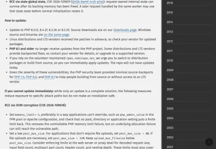 PHP官方安全公告中的更新与旧分支处理说明