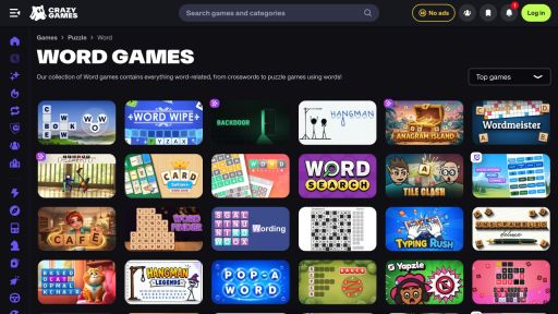 CrazyGames 当前英文界面的文字游戏分类页面
