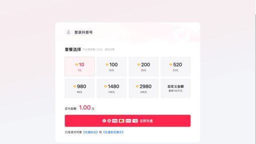 官方充值页的登录、套餐与自定义金额入口