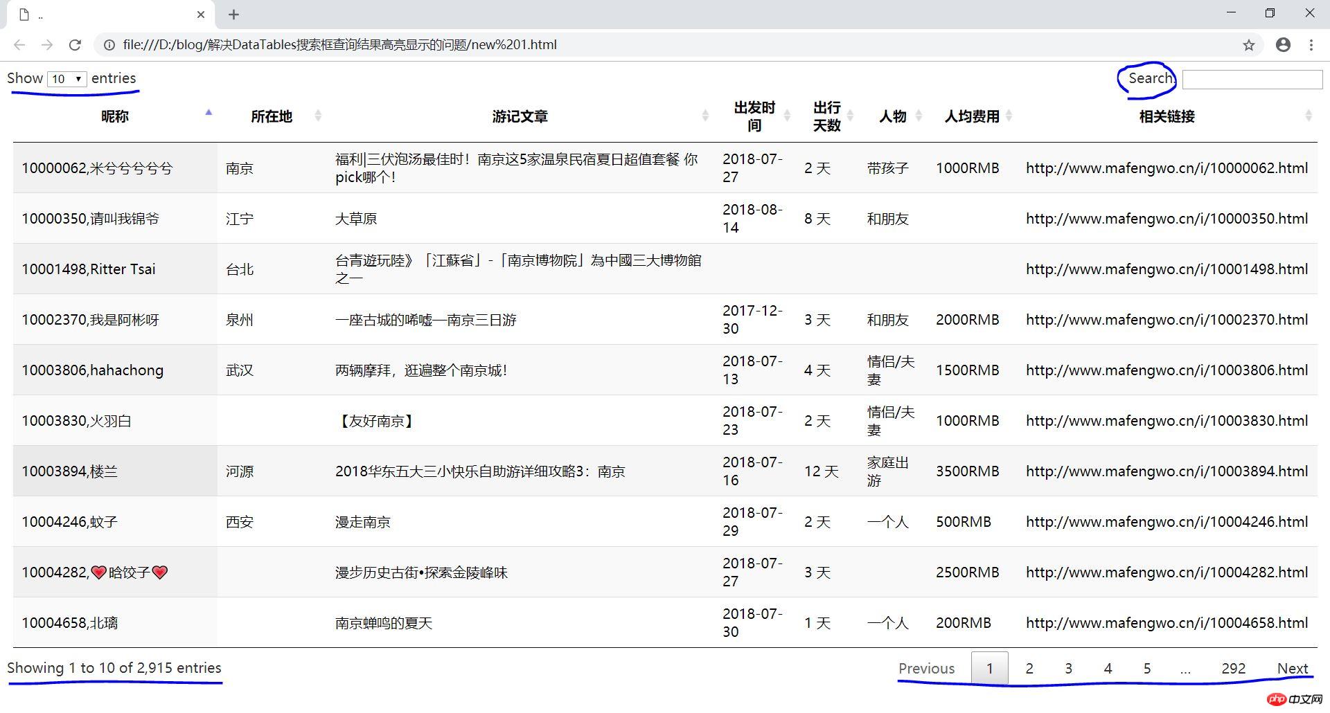 游记数据在DataTables表格中展示出来