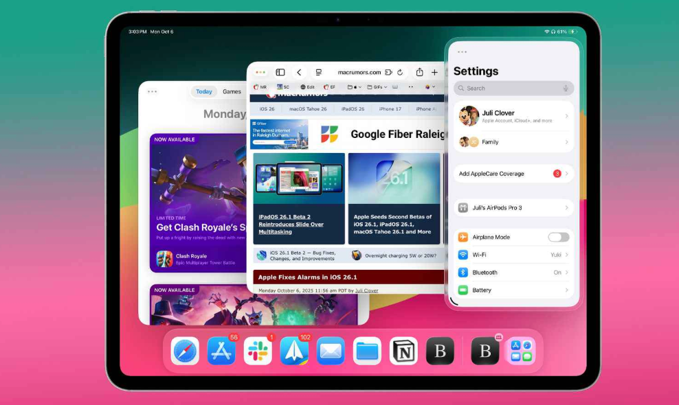 苹果今天发布了 iPadOS 26.1 加入侧拉窗口排列选项