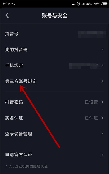 抖音账号与安全页面的第三方账号绑定入口