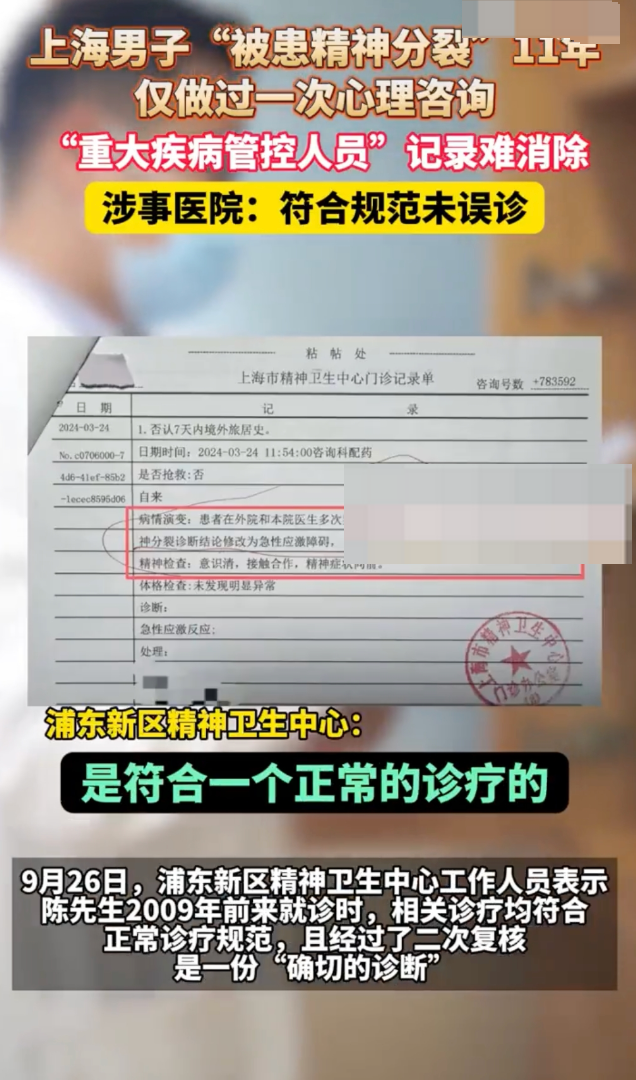 医院回应男子被患精神分裂症11年：相关诊疗均符合正常诊疗规范
