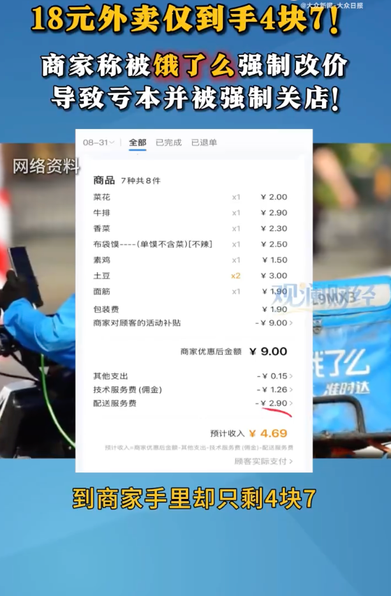 18元外卖店家到手仅4块7是怎么回事?详情介绍
