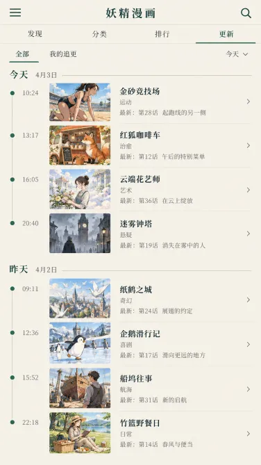 妖精漫画手机更新列表中的作品名称与更新记录参照