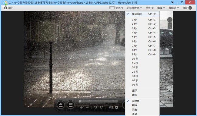 Honeyview5.53 Windows中文幻灯片放映菜单,循环与随机及多种间隔可见,停止放映当前勾选