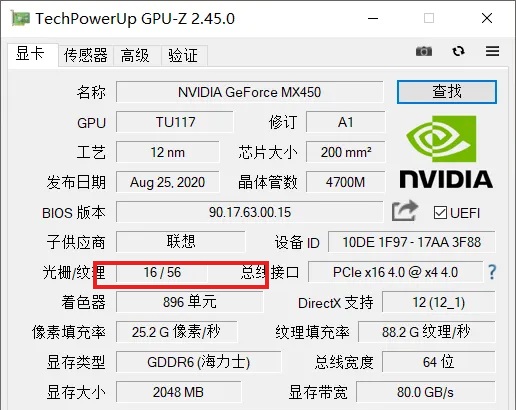 Windows 中文版 GPU-Z 第一套显卡界面，红框标出光栅/纹理一栏，对应定位光栅/纹理