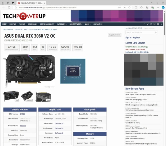 Windows 浏览器显示 TechPowerUp GPU Database 显卡详情页,对应 Lookup 后核对核心、ROPs、TMUs 与显存规格