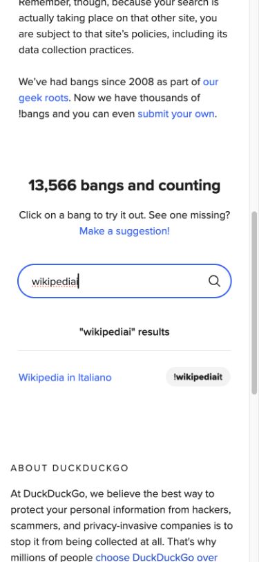 DuckDuckGo官方Bang目录,显示查询框及意大利语Wikipedia命令条目