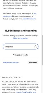 DuckDuckGo官方Bang目录，显示查询框及意大利语Wikipedia命令条目