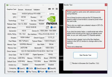 GPU-Z Graphics Card页与Render Test窗口，说明负载测试只用于唤醒PCIe链路 - GPU-Z压力测试结果怎么看_GPU-Z负载测试读数与功能限制说明 - php中文网