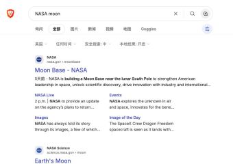 Brave Search已加载的网页结果,显示搜索框、分类、网址和摘要