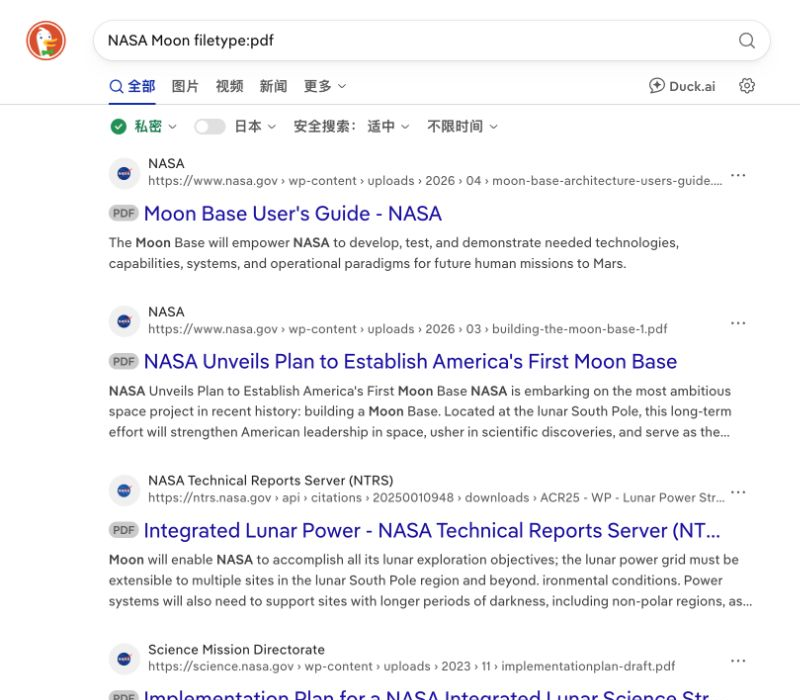 DuckDuckGo真实文件类型查询框与带PDF标记的公开资料结果