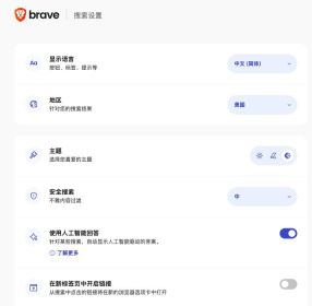 Brave Search设置中的显示语言、地区、主题和安全搜索