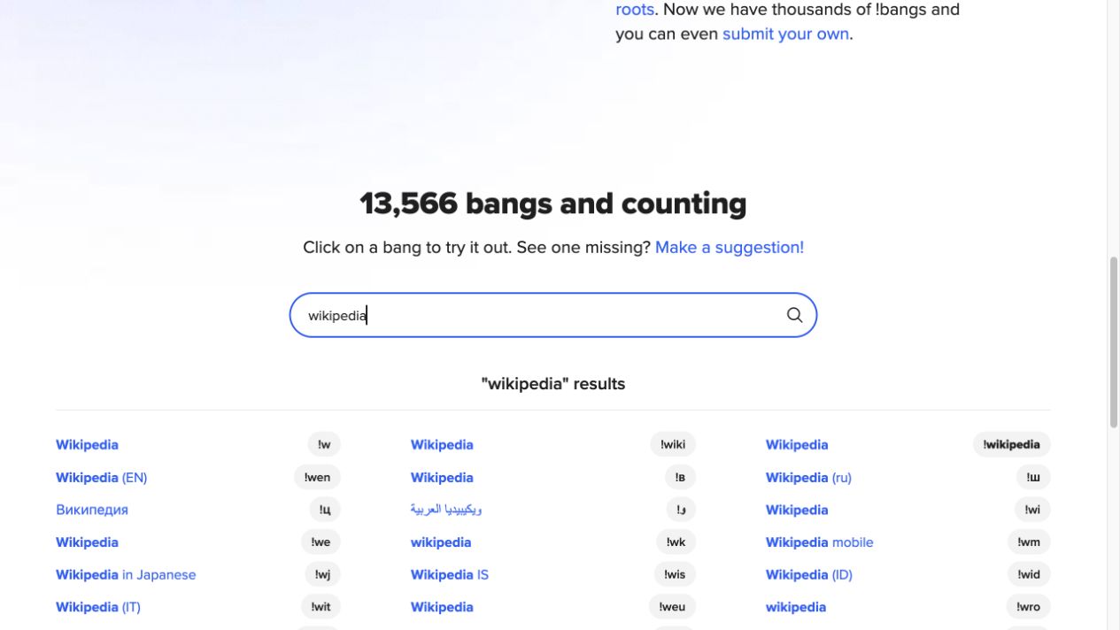 DuckDuckGo官方Bang目录搜索Wikipedia并显示多个快捷命令