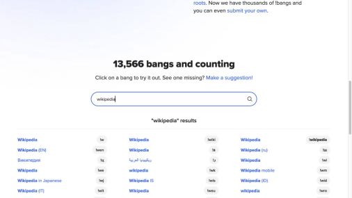 DuckDuckGo官方Bang目录搜索Wikipedia并显示多个快捷命令