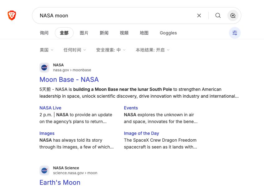 Brave Search已加载的网页结果,显示搜索框、分类、网址和摘要