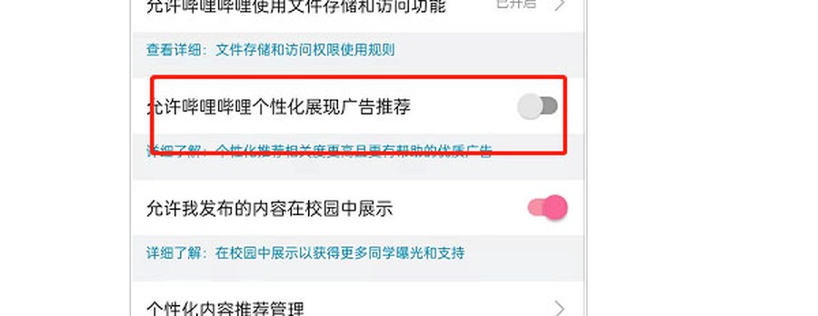 哔哩哔哩隐私权限页的个性化内容推荐管理入口
