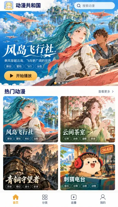 风岛飞行社与不同题材动漫的首页