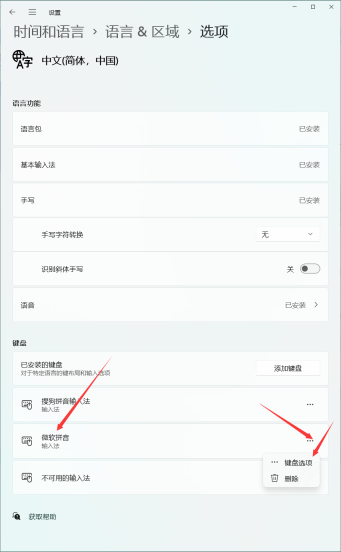 Windows 11 中文语言选项打开微软拼音键盘选项