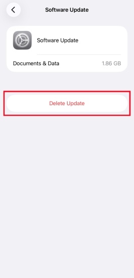 iPhone软件更新文件详情页中被标出的Delete Update删除更新按钮