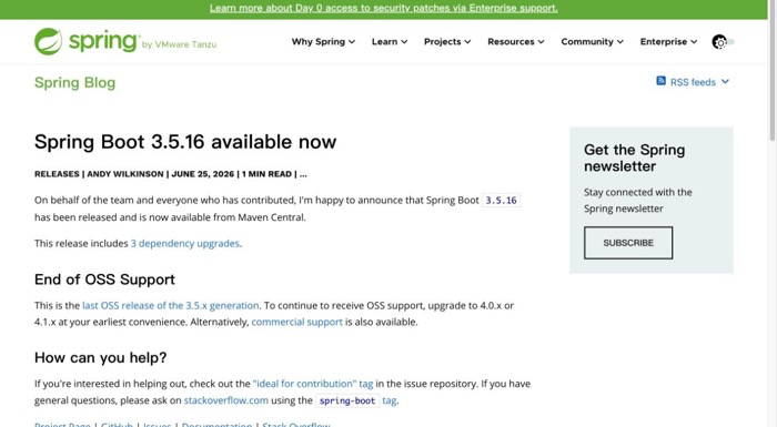 Spring 官方博客中的 Spring Boot 3.5.16 发布信息与 3.5.x 最后一个开源版本说明