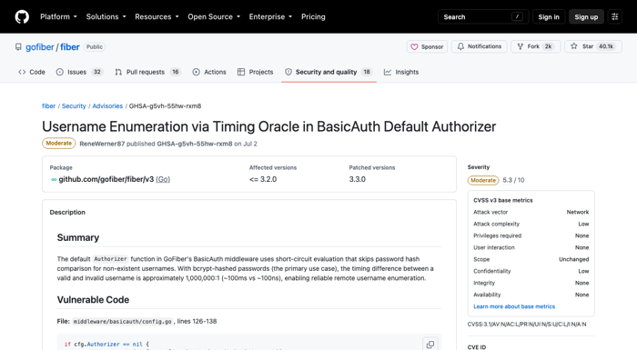 Fiber 官方 GHSA-g5vh-55hw-rxm8 安全通告页面,展示 BasicAuth timing oracle 风险说明