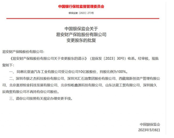 中国银保监会批复：比亚迪汽车收购易安财产保险股份