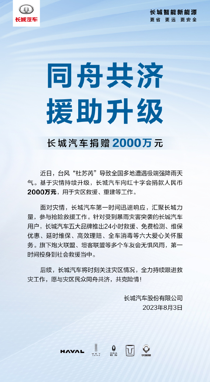 长城汽车宣布捐赠 2000 万元，为灾区救援和重建提供资助