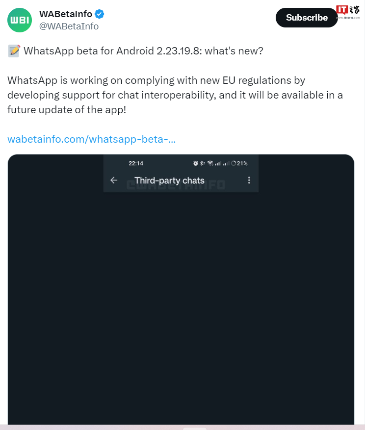 安卓 WhatsApp 测试版上线“第三方聊天”页面,旨在遵守欧盟新规