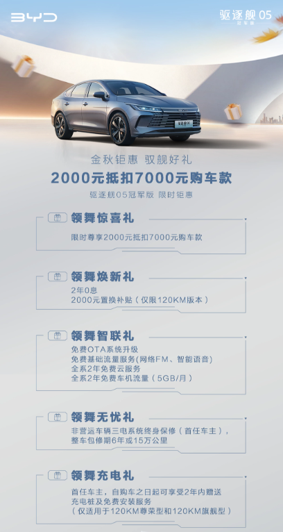 比亚迪推出特别促销:秦 PLUS DM-i 冠军版和驱逐舰 05 冠军版火热折扣!