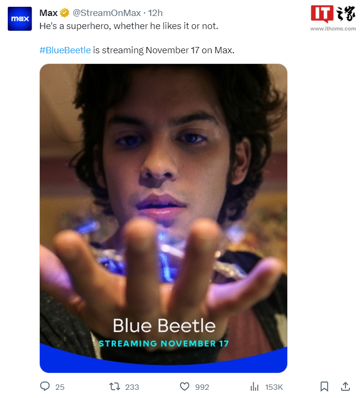 蓝甲虫：11月17日起登陆Max流媒体（前身为HBO Max）