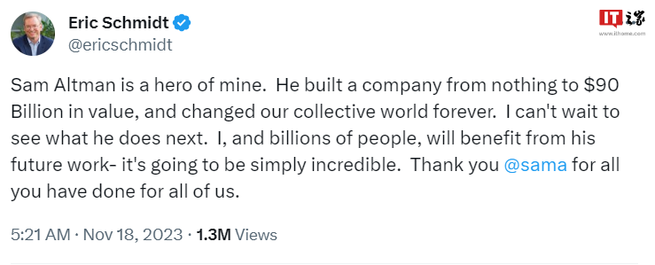 谷歌前 CEO 谈 OpenAI CEO 离职:他将公司从一无所有发展到价值 900 亿美元