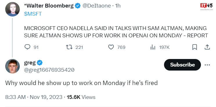 消息称微软 CEO 纳德拉已与 Sam Altman 交谈,确保其周一回归 OpenAI