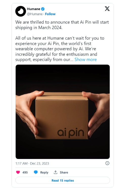 Humane确认 AI Pin 2024年3月开始发货，开启替代手机的新时代