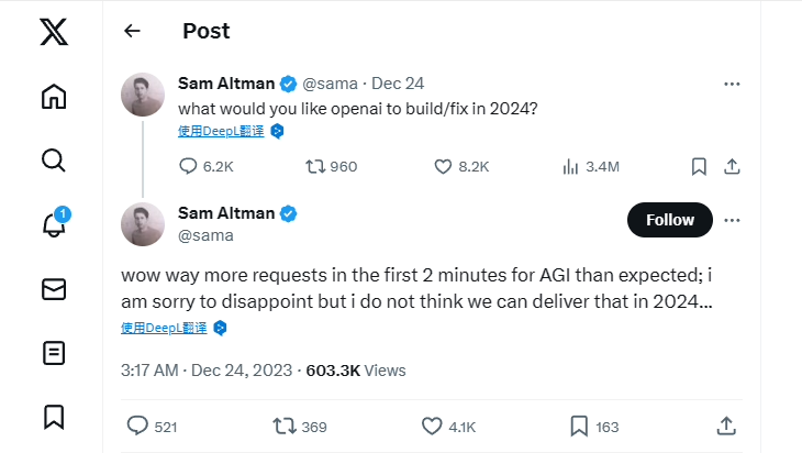OpenAI 阿尔特曼晒网友新年愿望清单:通用人工智能(AGI)等呼声最多