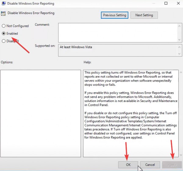 Steps to disable win11 error reporting service