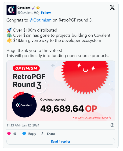 Optimism Collective为Covalent Network（CQT）提供20万美元的生态系统资助