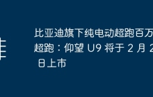 比亚迪旗下纯电动超跑百万级超跑:仰望 U9 将于 2 月 25 日上市