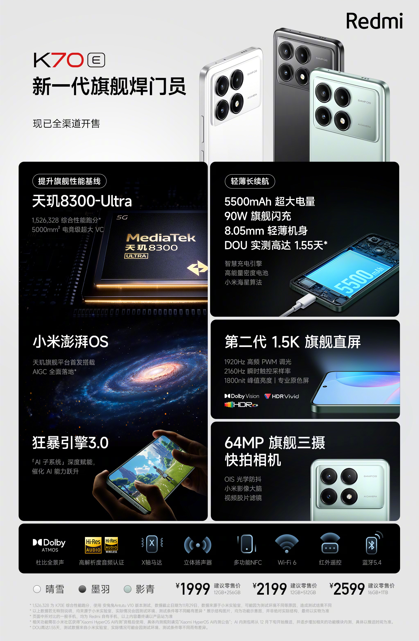 1799 元起，小米 Redmi K70E 手机限时优惠 200 元：天玑 8300-Ultra 处理器 / 5500mAh 电池