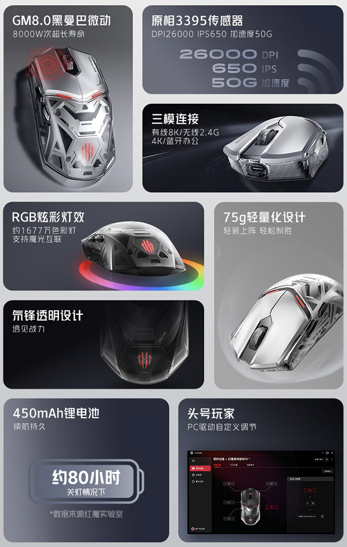 努比亚红魔游戏鼠标 1S 今日开售：原相 3395 / 有线 8K 回报率，首销到手 369 元