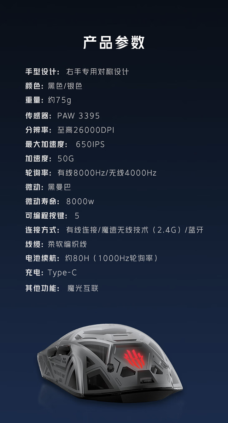 努比亚红魔游戏鼠标 1S 今日开售：原相 3395 / 有线 8K 回报率，首销到手 369 元