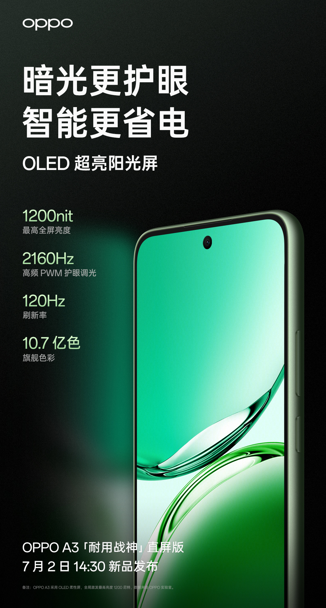 OPPO A3 “耐用战神”直屏版手机发布：双面抗摔耐磨，1599 元起