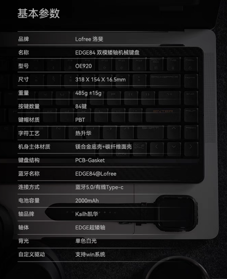 1199 元,洛斐推出 EDGE84“全球最轻薄”矮轴双模机械键盘:485 克重量、碳纤维面板