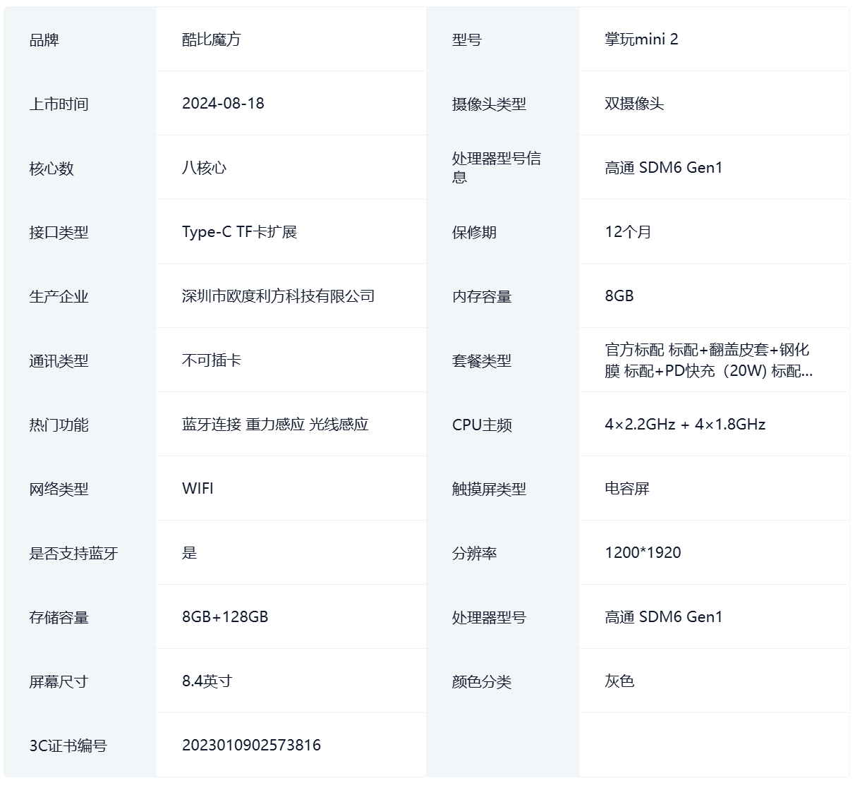 酷比魔方掌玩 mini 2 平板开启预售：骁龙 6 Gen1、8.4 英寸小屏，到手价 999 元